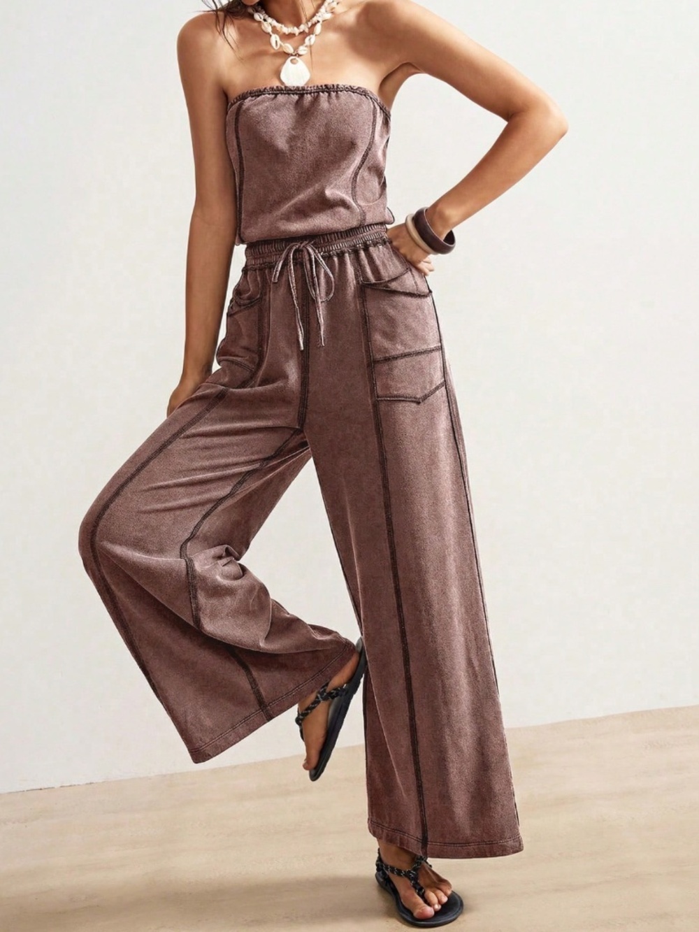 Strapless Brown Boho Wide Leg Jumpsuit with Pockets - Picture 2 of 8